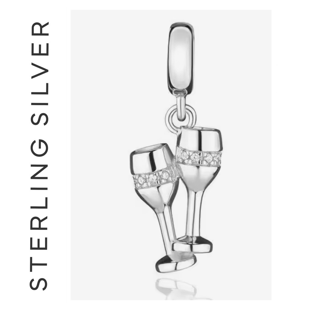 🌟 S925 Sterling Silver CZ Champagne Flute Glass Charm